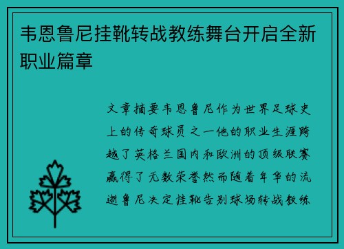 韦恩鲁尼挂靴转战教练舞台开启全新职业篇章