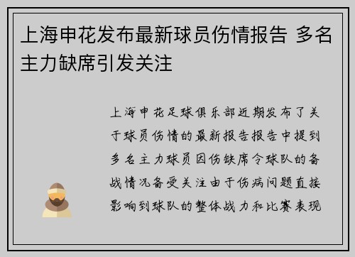 上海申花发布最新球员伤情报告 多名主力缺席引发关注